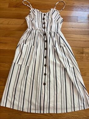 White Dress with Navy Vertical Stripes and Button Front